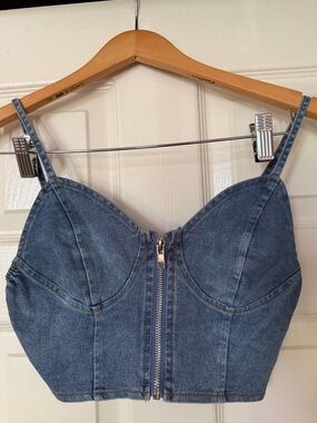 Denim Zip-Front Cropped Bustier Top - Blue